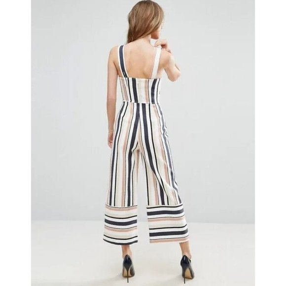 ASOS Navy, Brown, Beige & White Stripe Pinny Jumpsuit In Stripe‎ Size 4 - Picture 4 of 12